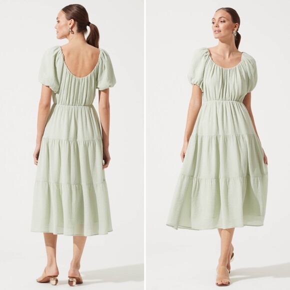 ASTR the Label Smocked Tiered Midi Dress Womens Medium Celery Green Puff Sleeve - Picture 9 of 11